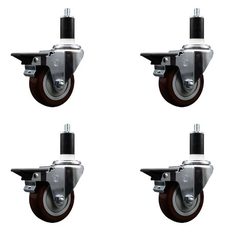 Service Caster 3.5'' Maroon Poly Swivel 1-3/8'' Expanding Stem Caster Set with Brake, 4PK SCC-EX20S3514-PPUB-MRN-PLB-138-4